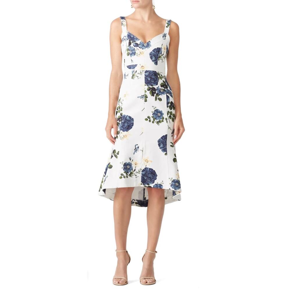 Nicholas Midi Dress Blue Rose Floral White Denim Flare Ruffle Hem